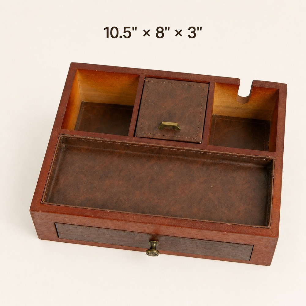 Vintage Wood Valet Box Jewelry Organizer Charging Station Brown Faux Leather
